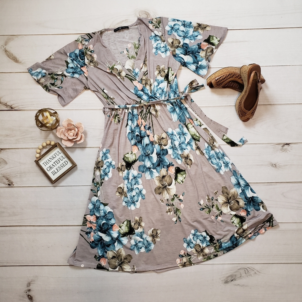 **Plus** Taupe & Blue Floral Faux Wrap Dress